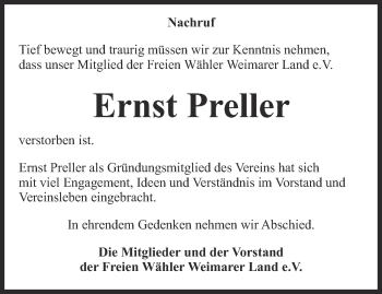 Traueranzeige von Ernst Preller von Thüringer Allgemeine, Thüringische Landeszeitung