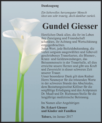 Traueranzeige von Gundel Giesser von Ostthüringer Zeitung, Thüringische Landeszeitung