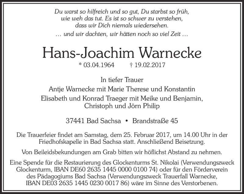  Traueranzeige für Hans-Joachim Warnecke vom 22.02.2017 aus Thüringer Allgemeine