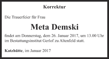 Traueranzeige von Meta Demski von Ostthüringer Zeitung