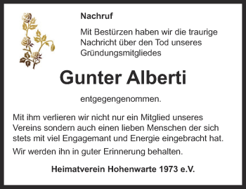 Traueranzeige von Gunter Alberti von Ostthüringer Zeitung