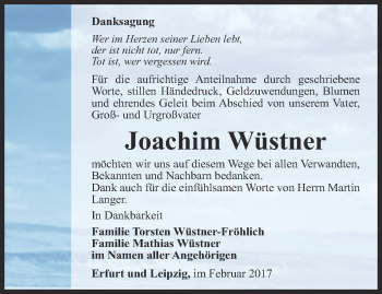 Traueranzeige von Joachim Wüstner von Thüringer Allgemeine, Thüringische Landeszeitung