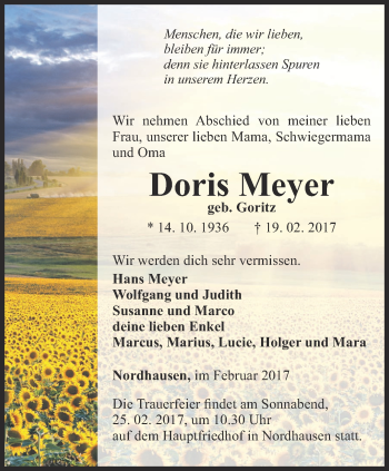 Traueranzeige von Doris Meyer von Thüringer Allgemeine