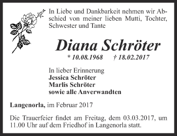 Traueranzeige von Diana Schröter  von Ostthüringer Zeitung