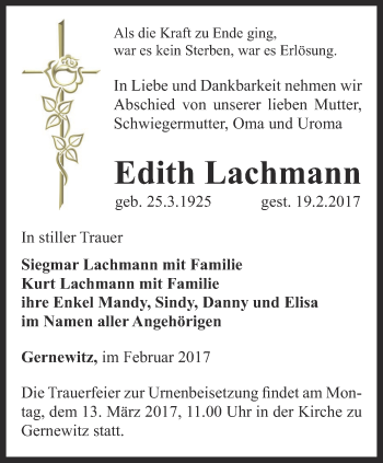 Traueranzeige von Edith Lachmann von Ostthüringer Zeitung