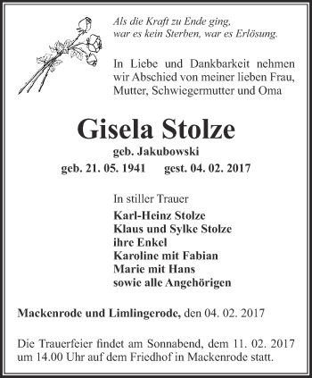 Traueranzeige von Gisela Stolze von Thüringer Allgemeine