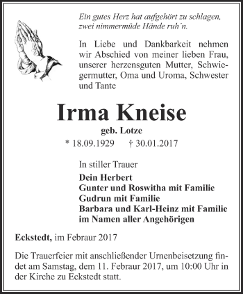 Traueranzeige von Irma Kneise von Thüringer Allgemeine