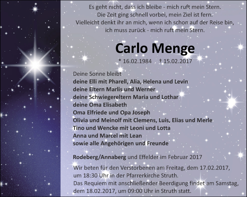  Traueranzeige für Carlo Menge vom 17.02.2017 aus Thüringer Allgemeine, Thüringische Landeszeitung