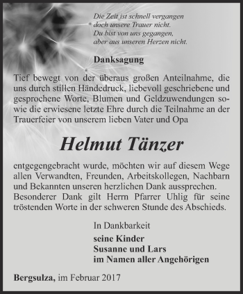 Traueranzeige von Helmut Tänzer von Thüringer Allgemeine, Thüringische Landeszeitung