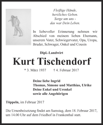 Traueranzeige von Kurt Tischendorf von Ostthüringer Zeitung