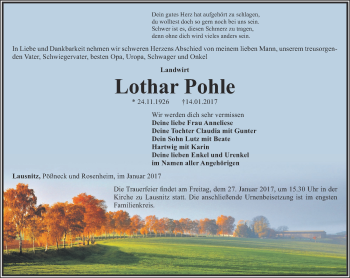 Traueranzeige von Lothar Pohle von Ostthüringer Zeitung