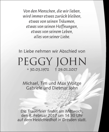 Traueranzeige von Peggy John von Ostthüringer Zeitung