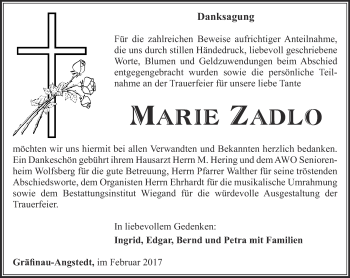 Traueranzeige von Marie Zadlo von Thüringer Allgemeine