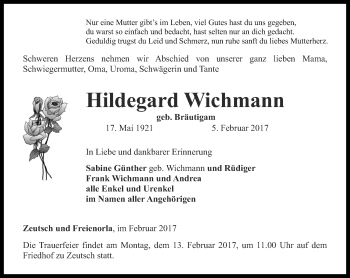 Traueranzeige von Hildegard Wichmann von Ostthüringer Zeitung