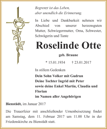 Traueranzeige von Roselinde Otte von Thüringer Allgemeine, Thüringische Landeszeitung