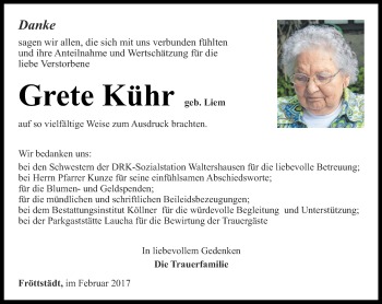 Traueranzeige von Grete Kühr von Ostthüringer Zeitung, Thüringische Landeszeitung