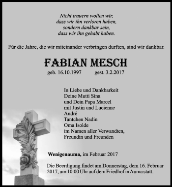 Traueranzeige von Fabian Mesch von Ostthüringer Zeitung