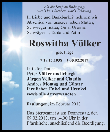 Traueranzeige von Roswitha Völker von Thüringer Allgemeine, Thüringische Landeszeitung