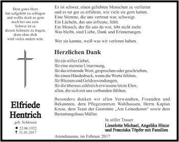 Traueranzeige von Elfriede Hentrich von Thüringer Allgemeine