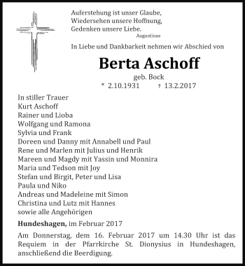 Traueranzeige von Berta Aschoff von Thüringer Allgemeine