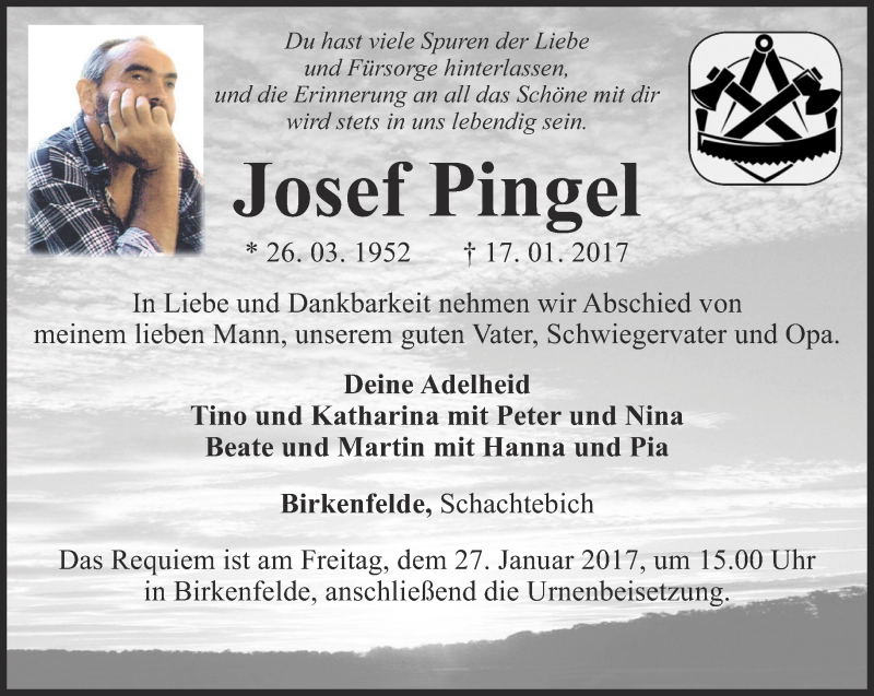  Traueranzeige für Josef Pingel vom 21.01.2017 aus Thüringer Allgemeine