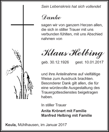 Traueranzeige von Klaus Helbing von Thüringer Allgemeine, Thüringische Landeszeitung