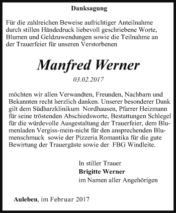 Traueranzeige von Manfred Werner von Thüringer Allgemeine