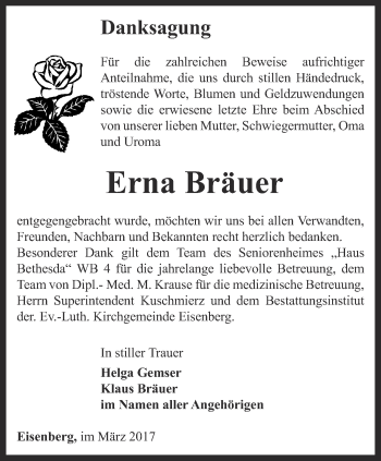Traueranzeige von Erna Bräuer von Ostthüringer Zeitung