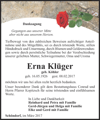 Traueranzeige von Erna Klüger von Ostthüringer Zeitung