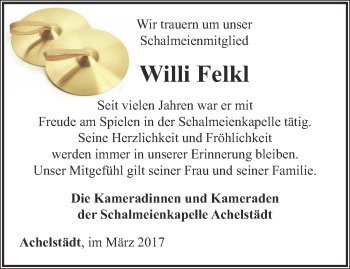 Traueranzeige von Willi Felkl von Thüringer Allgemeine