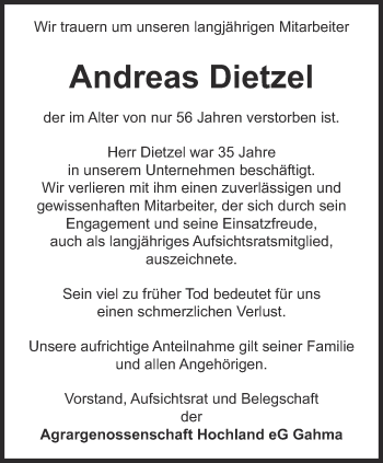 Traueranzeige von Andreas Dietzel von Ostthüringer Zeitung