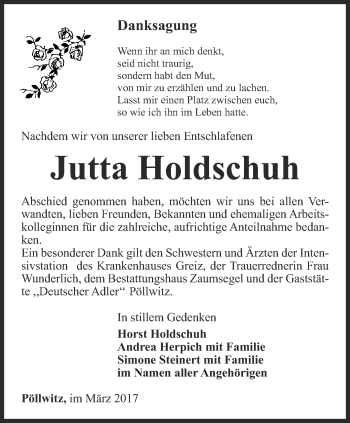 Traueranzeige von Jutta Holdschuh von Ostthüringer Zeitung