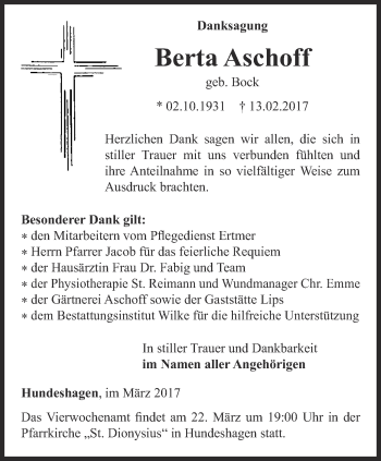 Traueranzeige von Berta Aschoff von Thüringer Allgemeine