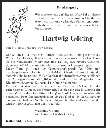 Traueranzeige von Hartwig Göring von Thüringer Allgemeine, Thüringische Landeszeitung