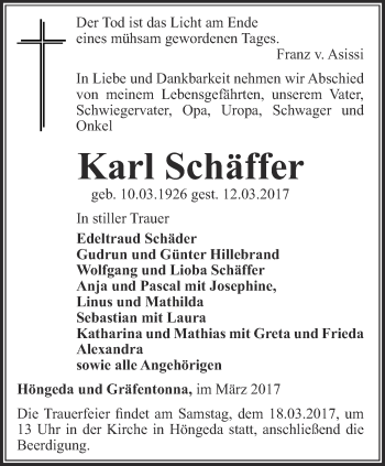 Traueranzeige von Karl Schäffer von Thüringer Allgemeine, Thüringische Landeszeitung