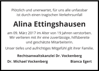 Traueranzeige von Alina Ettingshausen von Thüringer Allgemeine