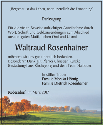 Traueranzeige von Waltraud Rosenhainer von Ostthüringer Zeitung