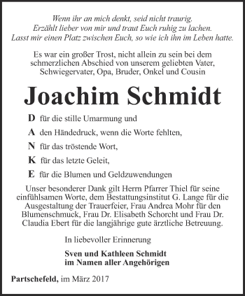 Traueranzeige von Joachim Schmidt von Ostthüringer Zeitung