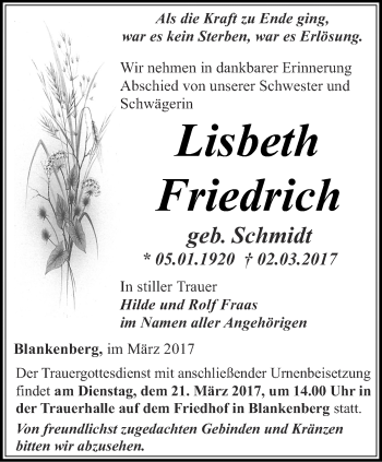 Traueranzeige von Lisbeth Friedrich von Ostthüringer Zeitung