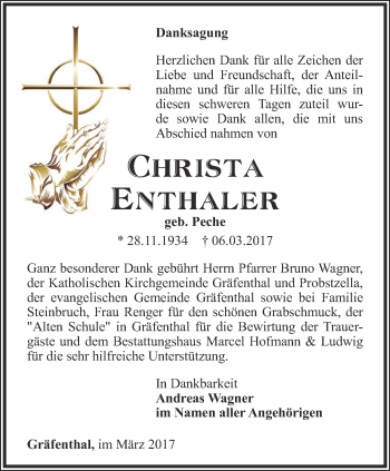 Traueranzeige von Christa Enthaler von Ostthüringer Zeitung