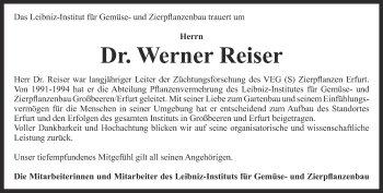 Traueranzeige von Werner Reiser von Thüringer Allgemeine, Thüringische Landeszeitung