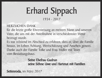 Traueranzeige von Erhard Sippach von Ostthüringer Zeitung, Thüringische Landeszeitung