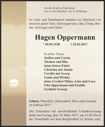 Traueranzeige von Hagen Oppermann von Ostthüringer Zeitung