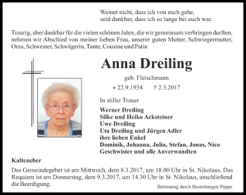 Traueranzeige von Anna Dreiling von Thüringer Allgemeine