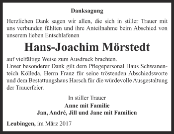 Traueranzeige von Hans-Joachim Mörstedt von Thüringer Allgemeine