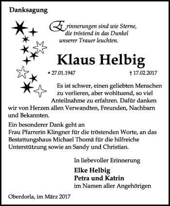 Traueranzeige von Klaus Helbig von Thüringer Allgemeine, Thüringische Landeszeitung