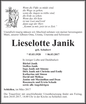 Traueranzeige von Lieselotte Janik von Ostthüringer Zeitung