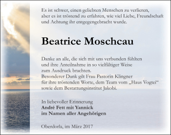 Traueranzeige von Beatrice Moschcau von Thüringer Allgemeine, Thüringische Landeszeitung