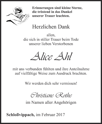 Traueranzeige von Alice Ahl von Thüringer Allgemeine