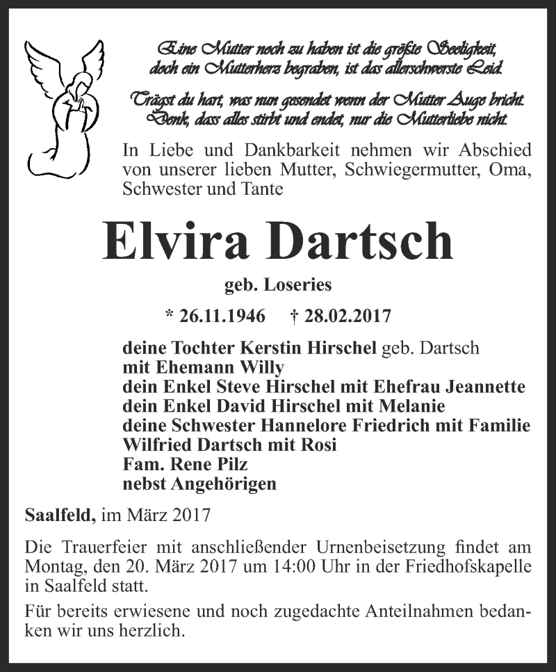  Traueranzeige für Elvira Dartsch vom 11.03.2017 aus Ostthüringer Zeitung